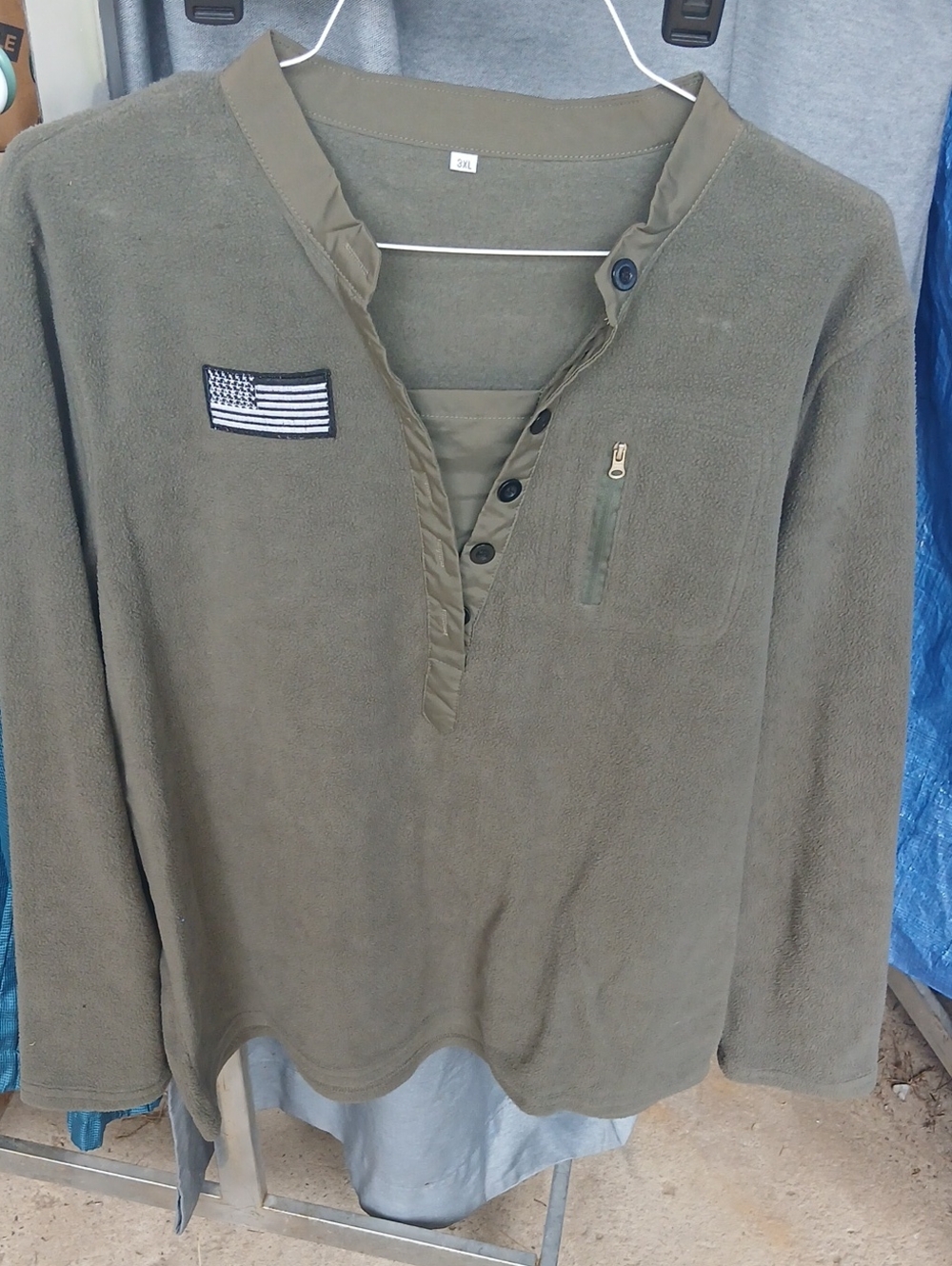 Men's Olive Green Fleece Henley Pullover with Patch Detail